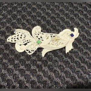 Vintage Filigree Koi Fish Brooch with Green & Blue Stone Accents